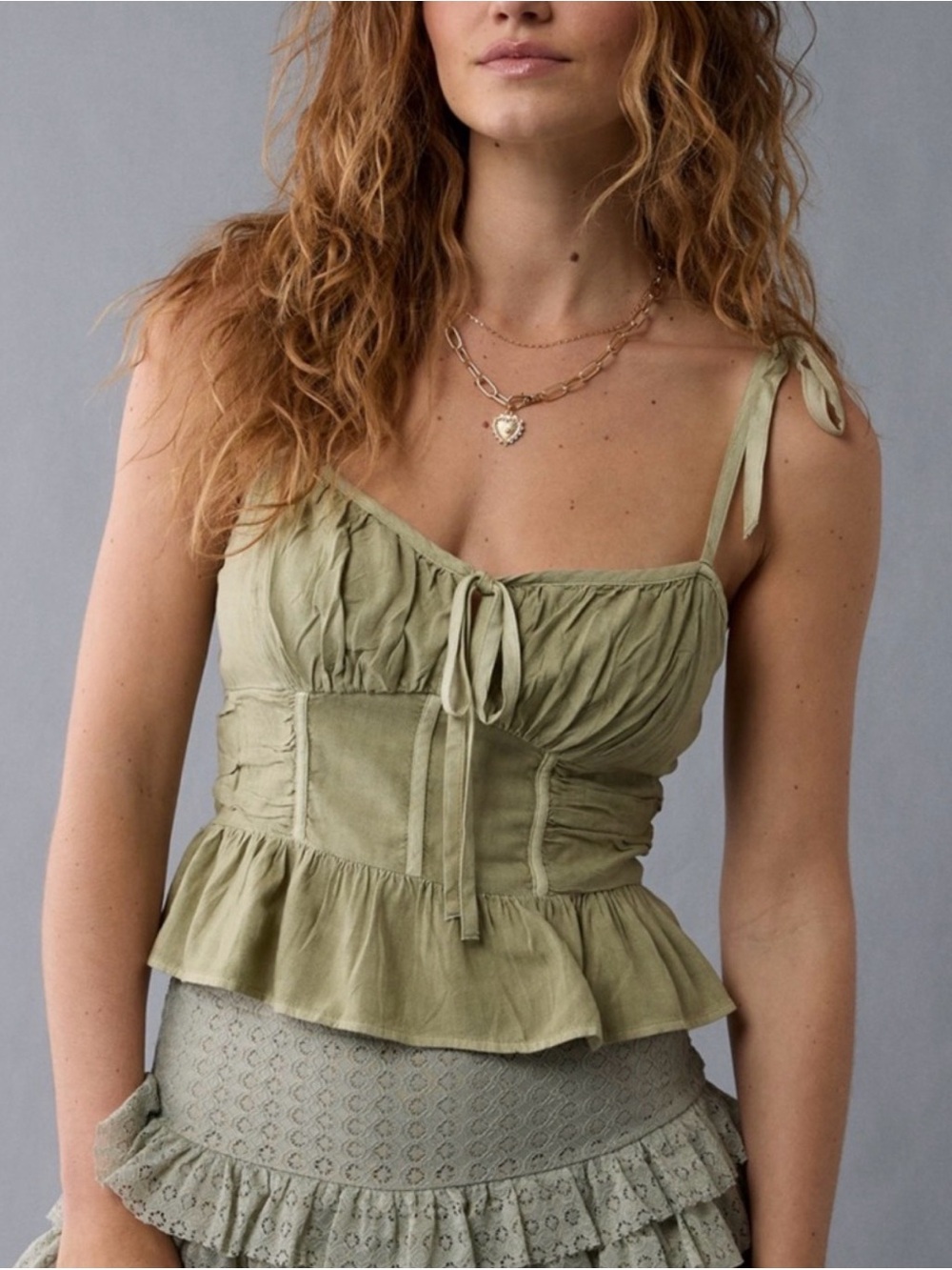 American Eagle Olive Green Peplum Cami Top Tie Shoulders Size S Like New